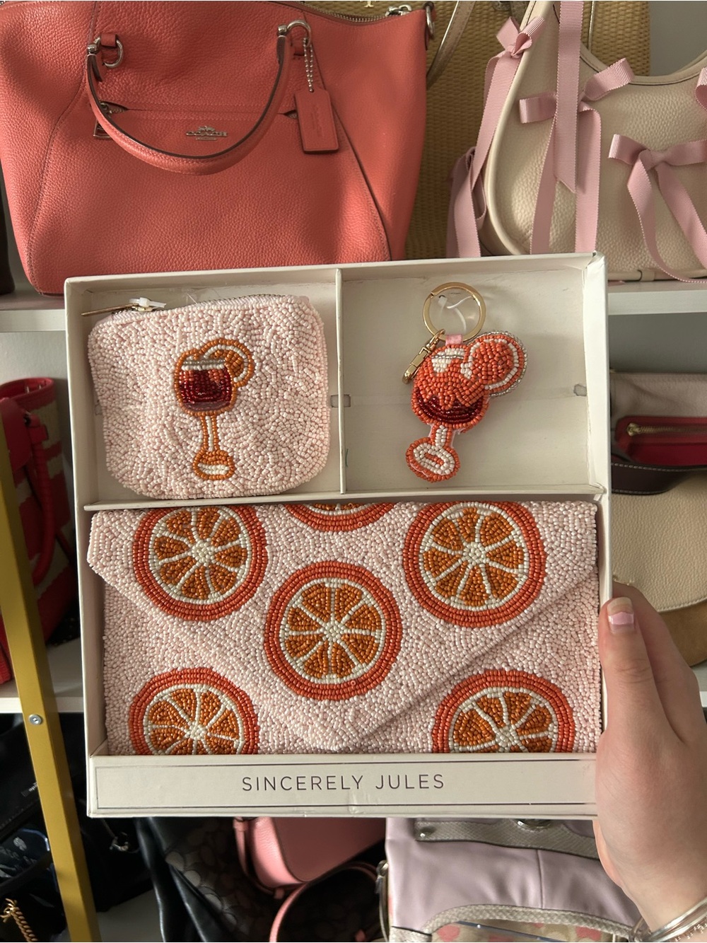 Sincerely Jules Pink Orange Beaded Citrus Clutch & Pouch Gift Set